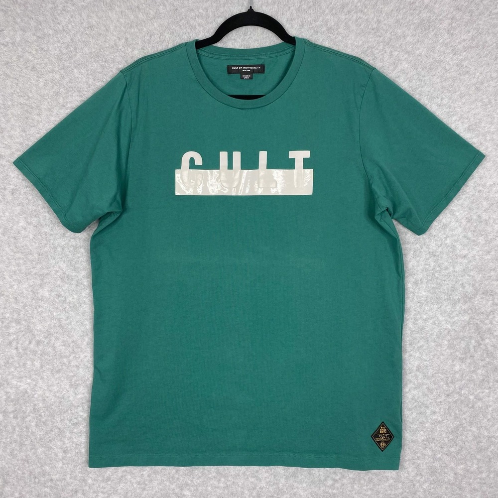 Cult of Individuality Shirt Size L Teal Crewneck Short Sleeve Spell Out